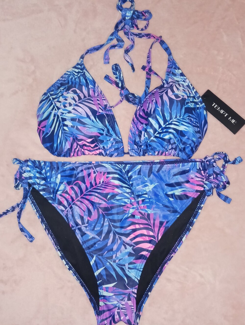 Tempt Me Tropical Leaf Blue & Pink Bikini Set Size Large